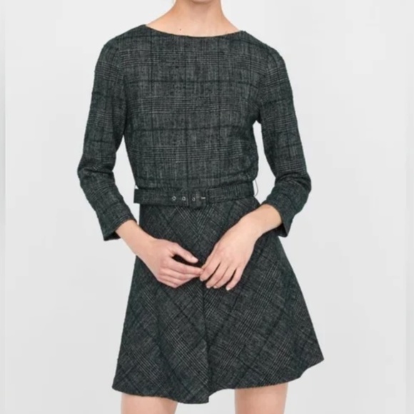 Zara Retro Vibes Tweed Belted Mini Dress - Green/Black Size M - Picture 1 of 9